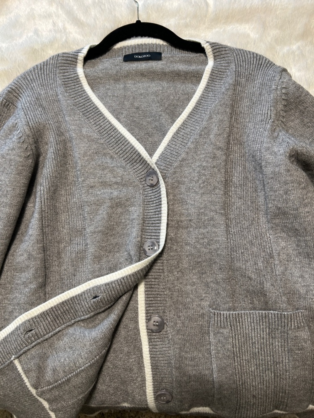 Gray Cardigan with Ivory Contrast Trim